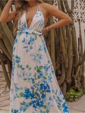 lovestitch White Halter Maxi Dress with Blue & Green Floral Print